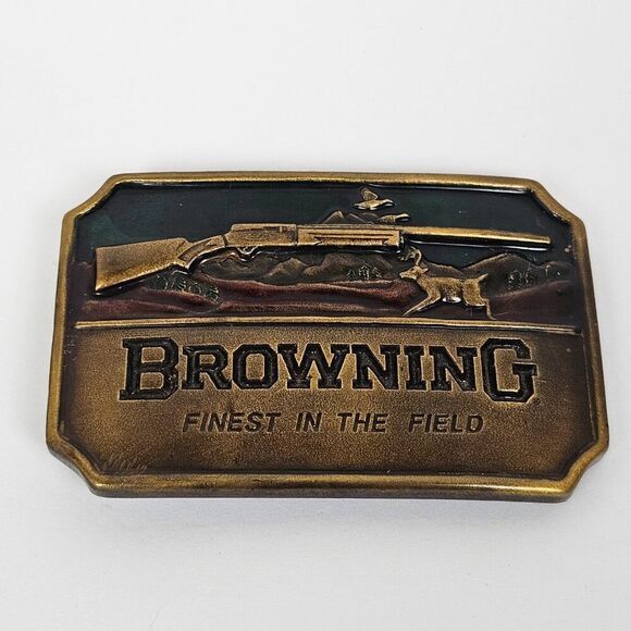 Vtg Browning Finest In The Field Belt Buckle Brass Hunting Rifle Buck Deer Rare - Picture 2 of 12